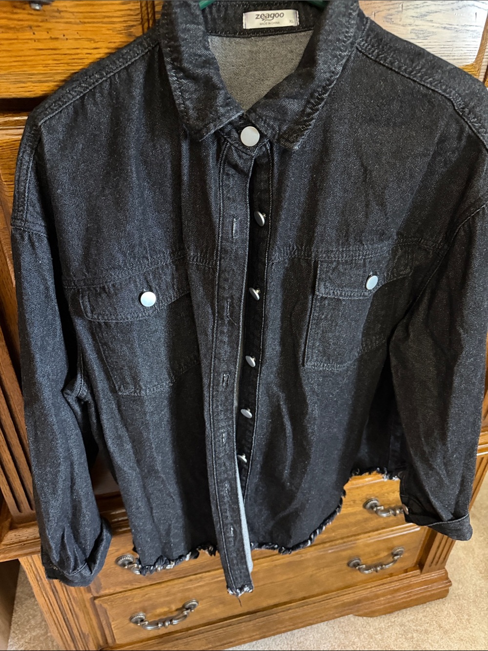 zeagoo Black Distressed Denim Jacket with Snap Buttons